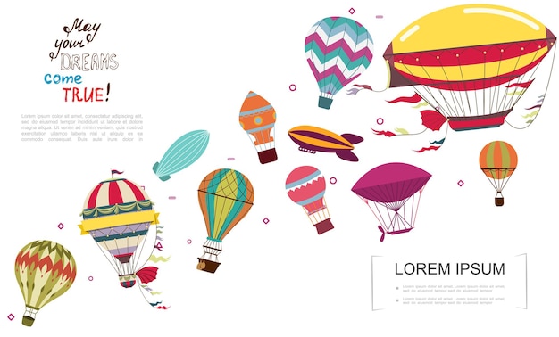 Free vector flat obsolete air transportation  with airships and colorful hot air balloons illustration