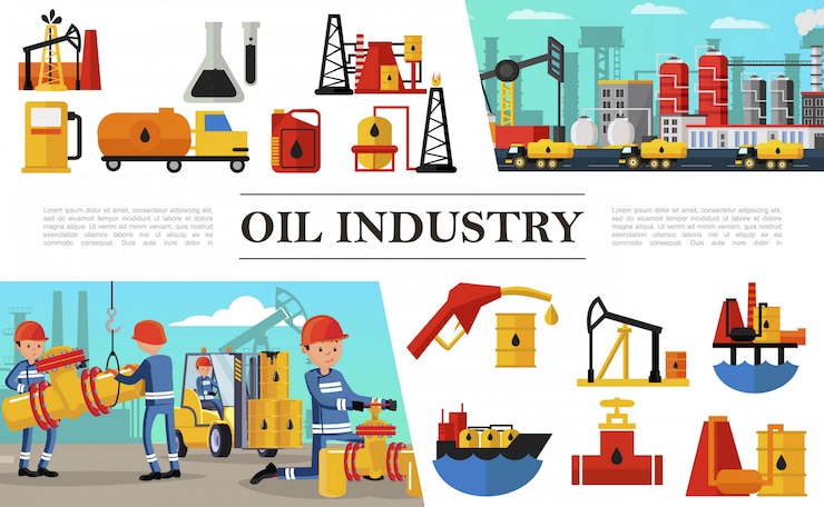Free Vector flat oil industry composition with industrial workers fuel truck petrochemical plant oil derrick rig tanker ship barrels filling station petrol pumps