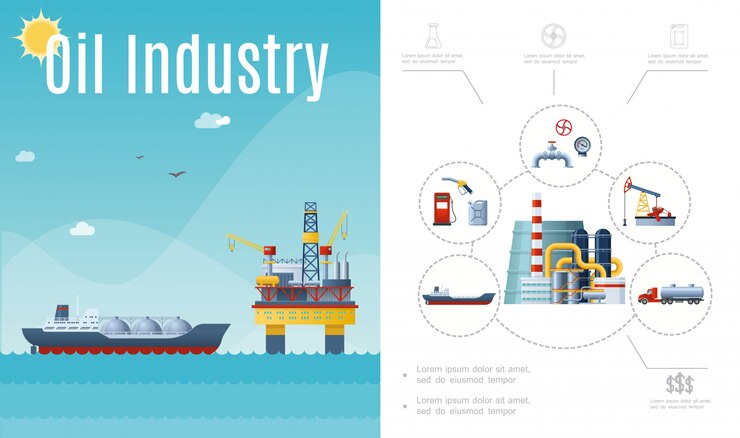 Free Vector flat oil industry composition with tanker ship water drilling rig gas station canister fuel pump pipeline manometer valve truck 