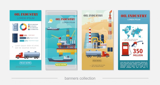 Free vector flat oil industry vertical banners with sea drilling rig tanker ship derrick refinery plant canister barrel gas station tank truck fuel pump