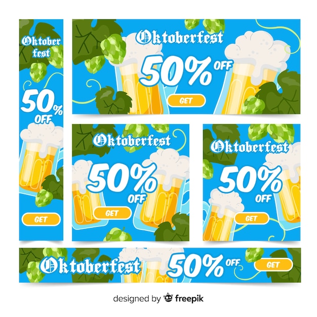 Free vector flat oktoberfest banners with beer mugs