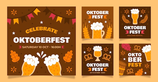 Free vector flat oktoberfest instagram posts collection