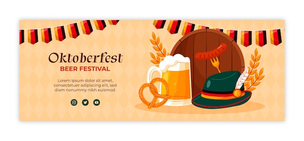 Flat oktoberfest social media cover template with beer and sausage