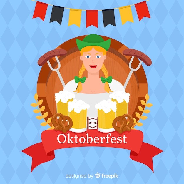 Flat oktoberfest with woman holding beers