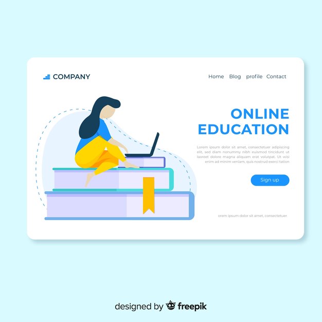 Flat online education landing page girl using laptop