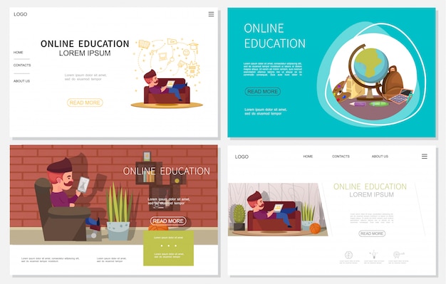Flat online education websites set with man using devices for learning at home and school objects 
