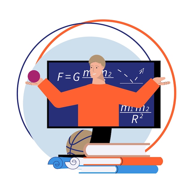 Composizione di tutoraggio online piatta con libri e insegnante di matematica sullo schermo del computer