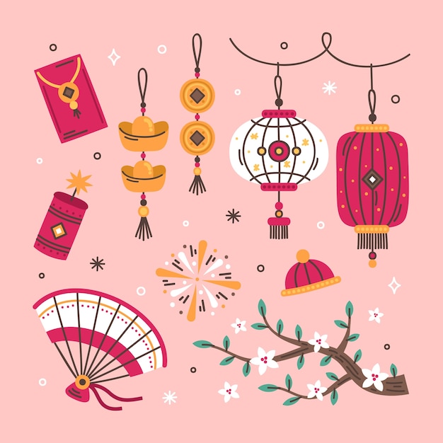 中国の新年祭のフラット装飾品コレクション