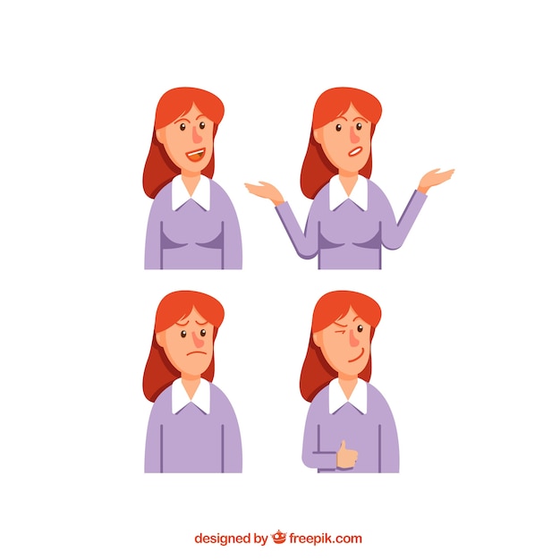 Flat pack of businesswoman character with expressive gestures