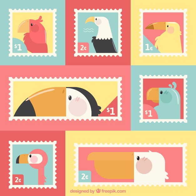 Flat pack of colored stamps with birds