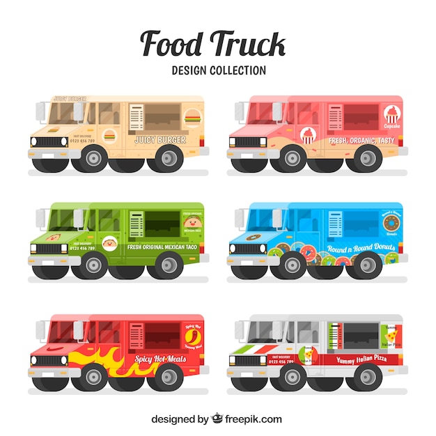 Free vector flat pack of colorful food trucks