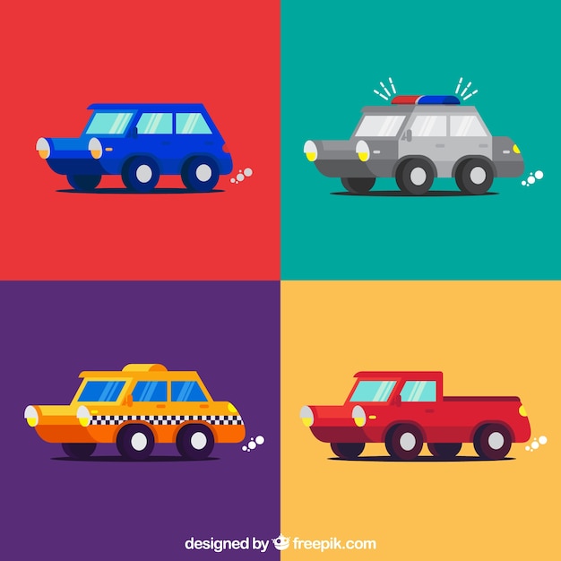 Flat pack of four colored vehicles