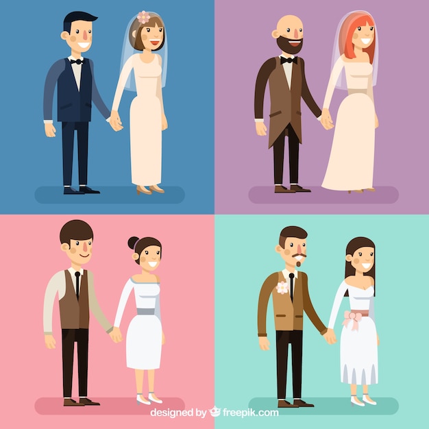 Free vector flat pack of four smiling wedding couples