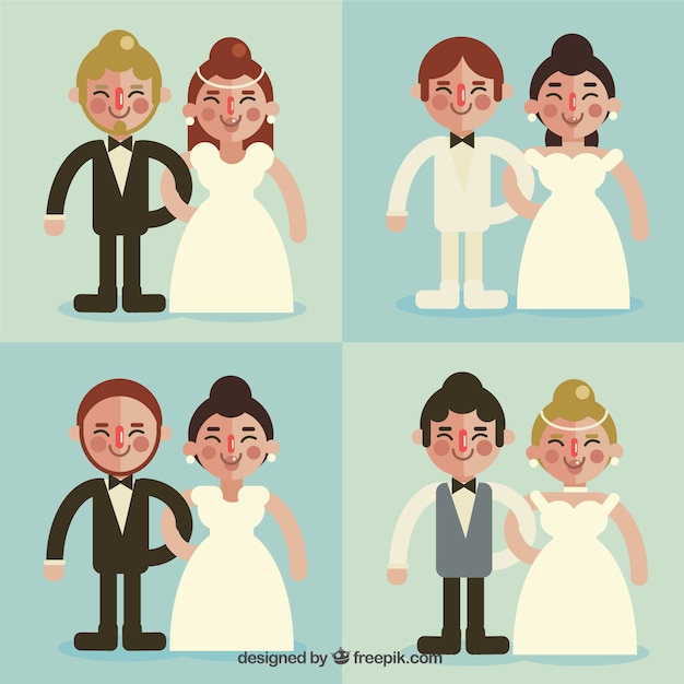 Free vector flat pack of four smiling wedding couples