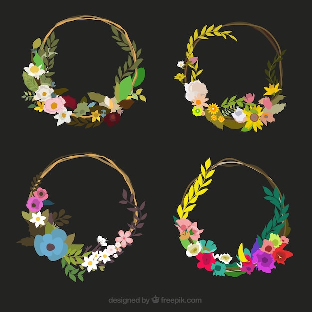 Бесплатное векторное изображение Плоский пакет из четырех венков с красочными цветами