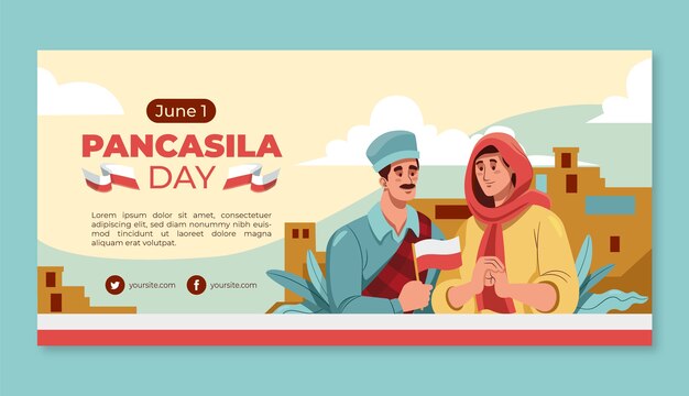 Плоский шаблон горизонтального баннера pancasila day с людьми и флагом