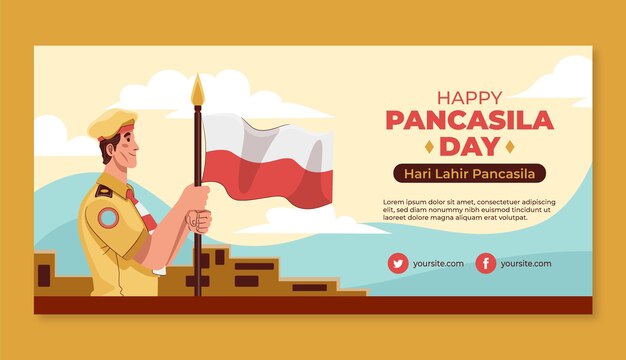 Flat pancasila day horizontal banner template with soldier and flag