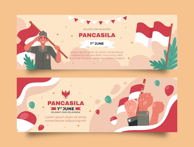 Flat pancasila day horizontal banners collection