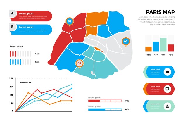 Vettore gratuito modello di infografica mappa piatta parigi