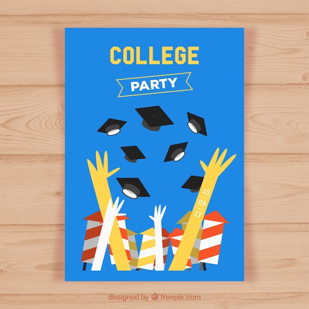 Flat party brochure with hands and graduation caps