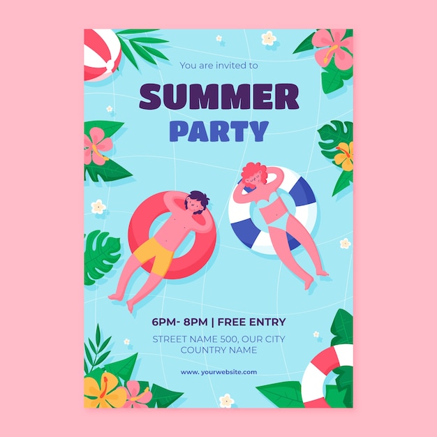 Бесплатное векторное изображение Шаблон приглашения на плоскую вечеринку на летний сезон