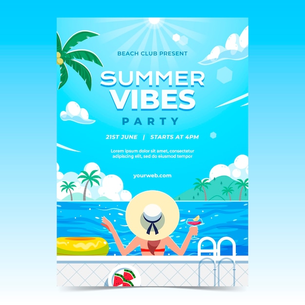 Flat party poster template for summer season celebration
