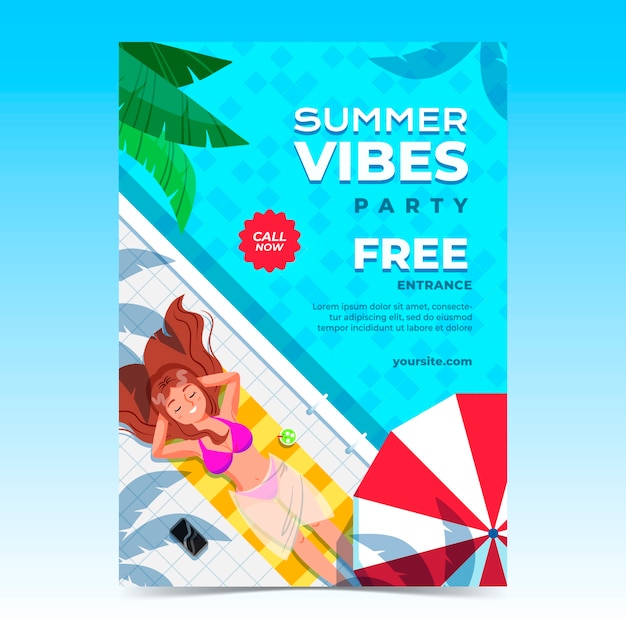 Vettore gratuito modello di poster per feste piatte per la celebrazione della stagione estiva