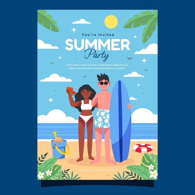 Flat party poster template for summer season