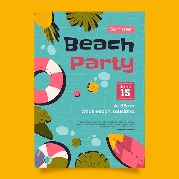 Flat party poster template for summer season