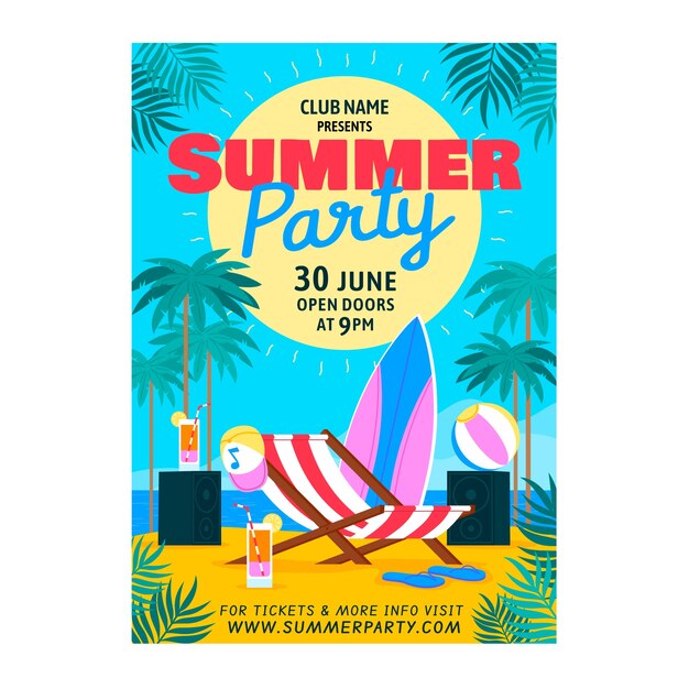 Flat party poster template for summer season