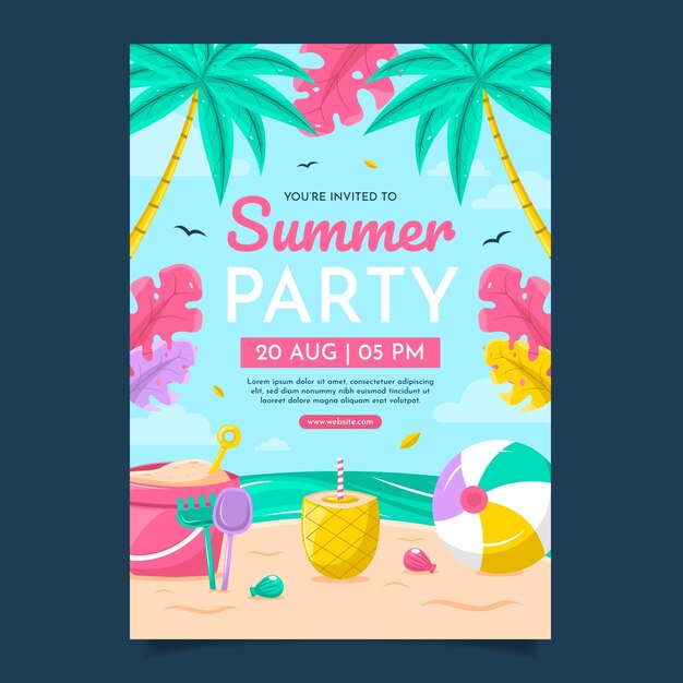 Шаблон плаката плоской вечеринки для летнего сезона