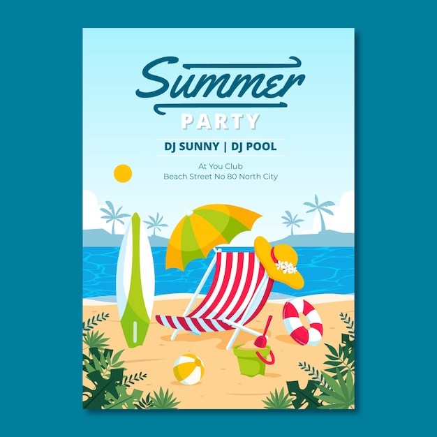 Flat party poster template for summertime