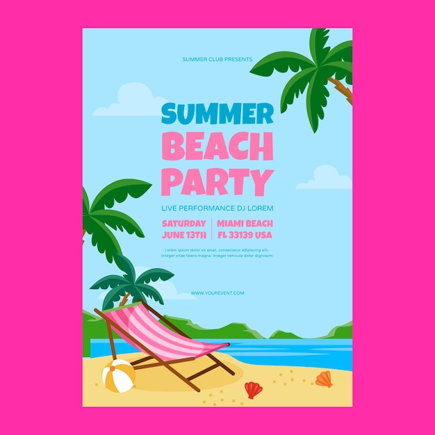 Flat party poster template for summertime