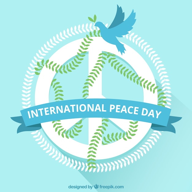 Flat peace symbol with dove and laurel leaves