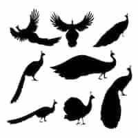 Бесплатное векторное изображение Коллекция силуэтов плоского павлина