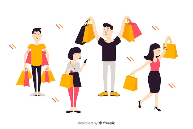 Flat people carrying shopping bags