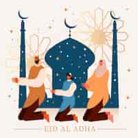 Vettore gratuito persone piatte che celebrano l'illustrazione di eid al-adha