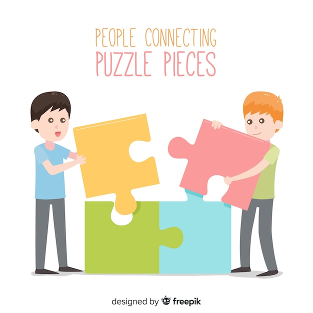 Flat people connecting puzzle pieces background