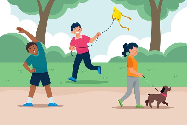 Flat people doing activities outside