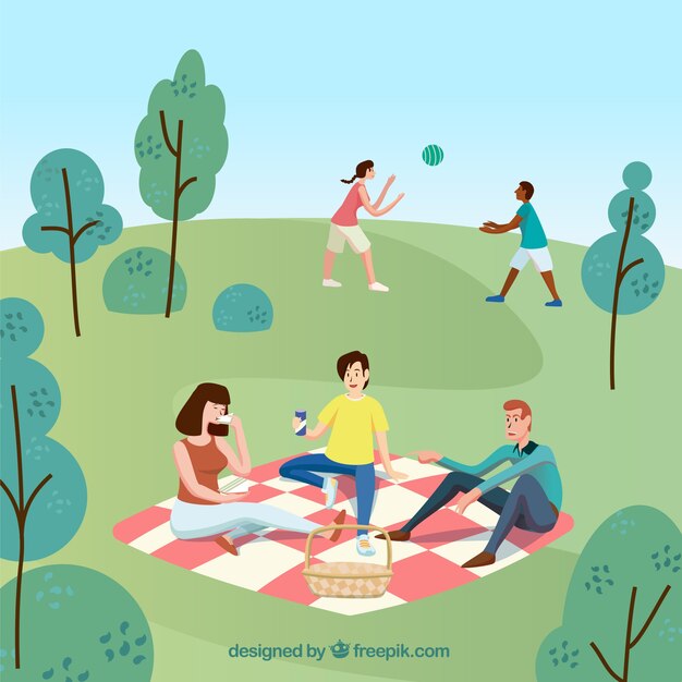 Flat people doing leisure outdoor activities