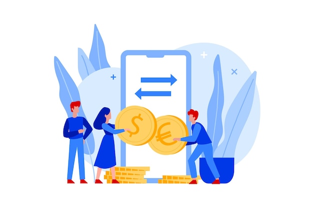 Free vector flat people holding euro and dollar coins and currency exchange