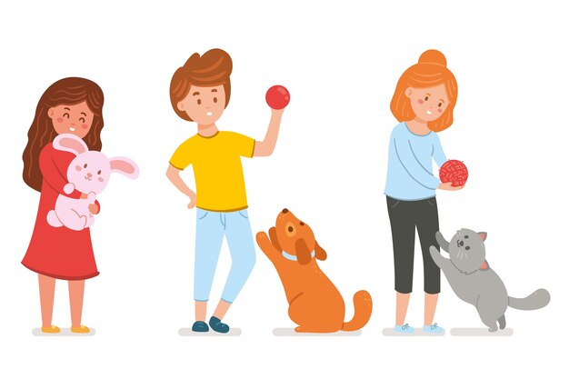 Flat people playing with their pets