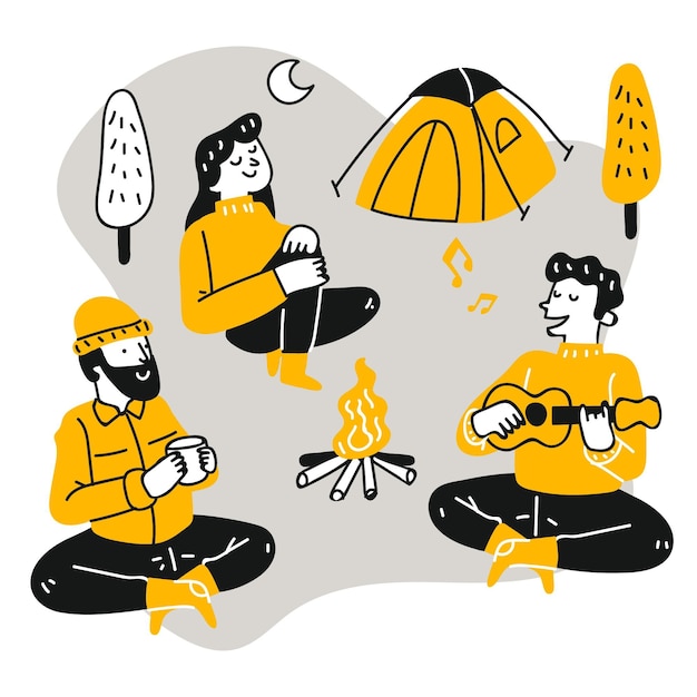 Flat people relaxing at camping