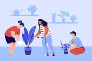 Бесплатное векторное изображение Плоские люди, ухаживающие за растениями, проиллюстрированы
