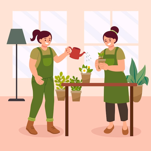 Бесплатное векторное изображение Плоские люди, ухаживающие за растениями в помещении