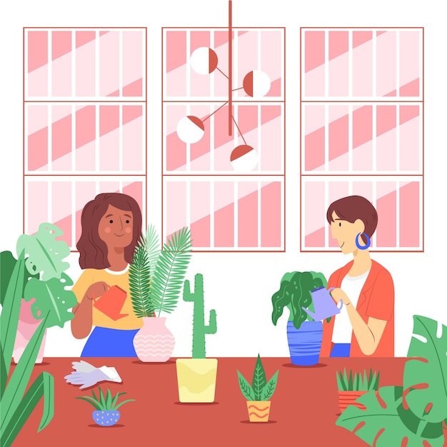 Flat people taking care of plants collection