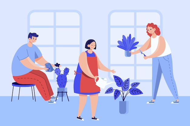 Flat people taking care of plants illustration