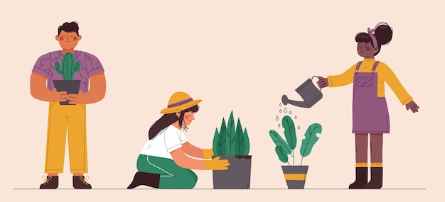 Free vector flat people taking care of plants indoors