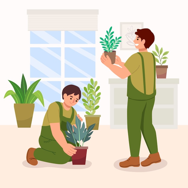 Flat people taking care of plants inside