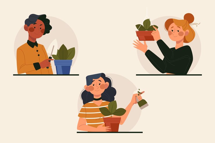 Free Vector flat people taking care of plants set